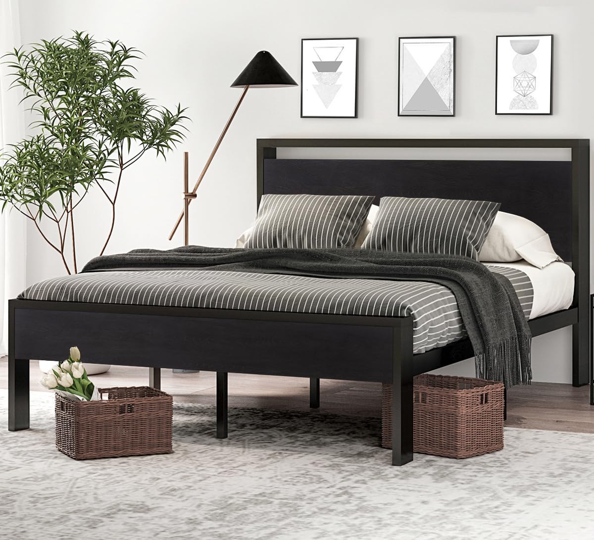 14 Inch Full Size Metal with Wooden Headboard and Footboard, , , Large Under Bed Storage, Non-Slip Without Noise, Black Oak