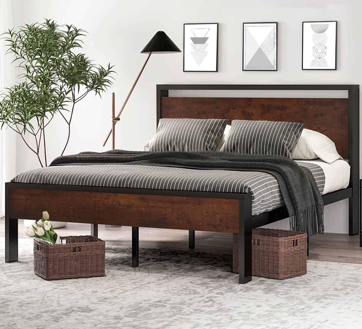 14 Inch Full Size Metal with Wooden Headboard and Footboard, , , Large Under Bed Storage, Non-Slip Without Noise, Mahogany
