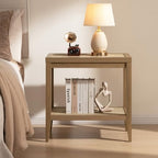 Rattan Nightstands Set of 2 Bedside Table - Boho Narrow End Table Living Room Set of 2 Side Table with Rattan Storage Shelves for Small Space