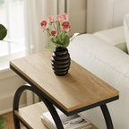 Set of 2 End Tables, 3-Tier Wooden Side Tables with Double Round Metal Legs, Slim Nightstands for Living Room, Bedroom, Oak Finish