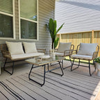 Outdoor Patio Conversation Set 4 Pieces, Wicker Furniture with Cushions & Coffee Table, Rattan Bistro Chairs with Side Table, Beige