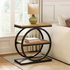 Set of 2 End Tables, 3-Tier Wooden Side Tables with Double Round Metal Legs, Slim Nightstands for Living Room, Bedroom, Oak Finish