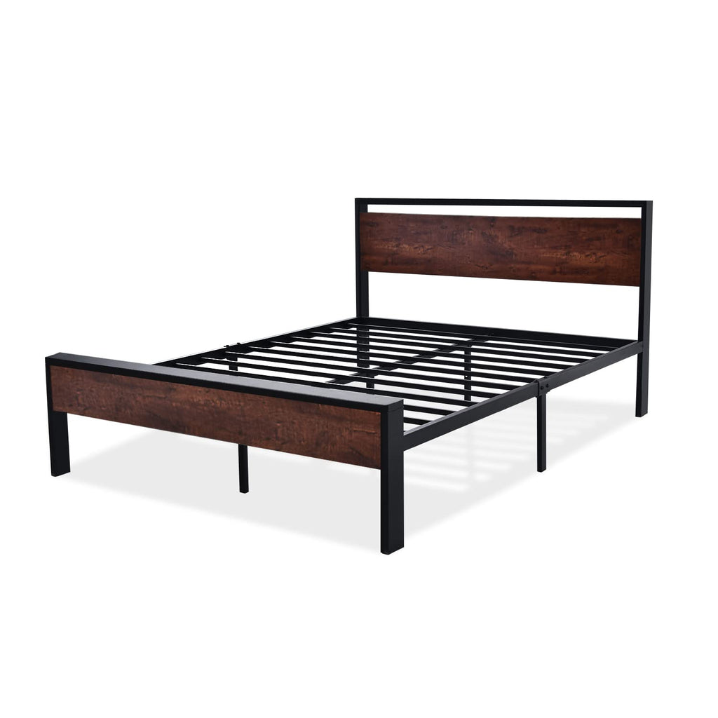 14 Inch Full Size Metal  with Wooden Headboard and Footboard, , , Large Under Bed Storage, Non-Slip Without Noise, Mahogany