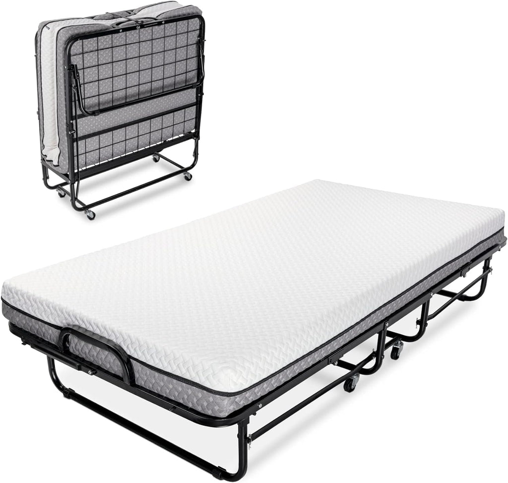 Deluxe Diplomat Folding Bed with Mattress for Adults, Twin Size, Portable Foldable Bed with Luxurious Memory Foam Mattress & Super Strong Frame