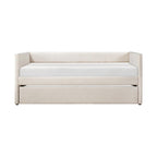 Upholstered Twin Daybed with Trundle, Textured Fabric Sofa Bed with Backrest & Wood Slat Support for Bedroom, Guest Room, Beige