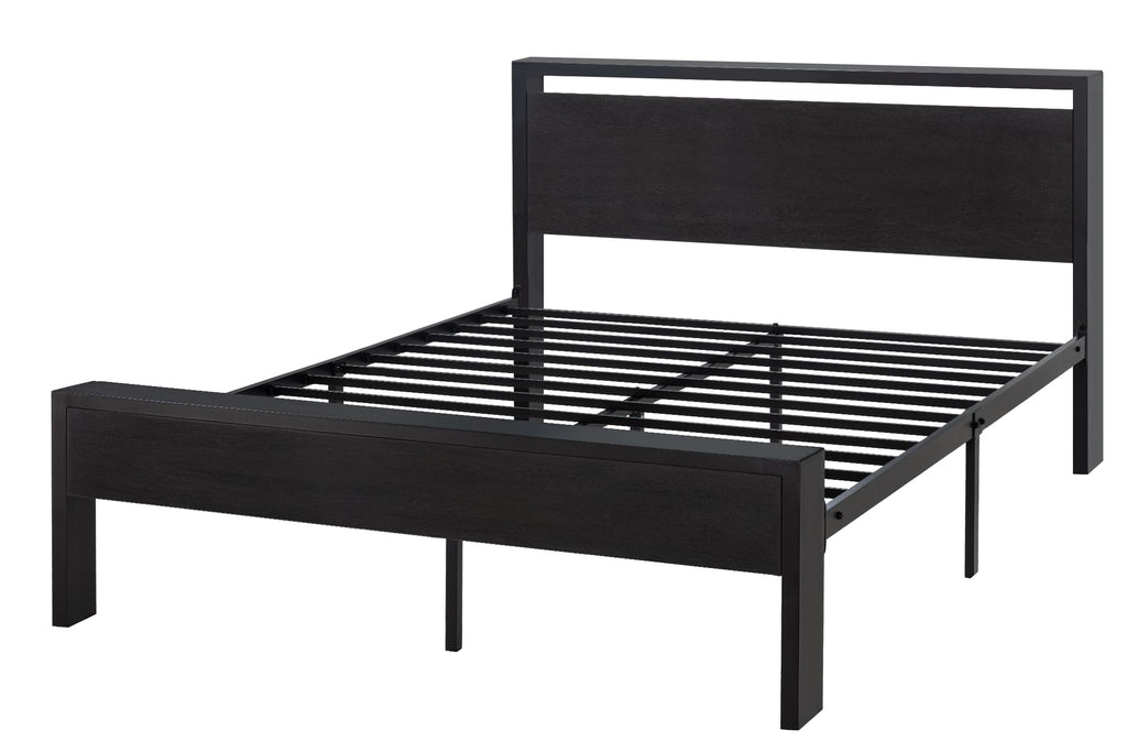 14 Inch Full Size Metal  with Wooden Headboard and Footboard, , , Large Under Bed Storage, Non-Slip Without Noise, Black Oak