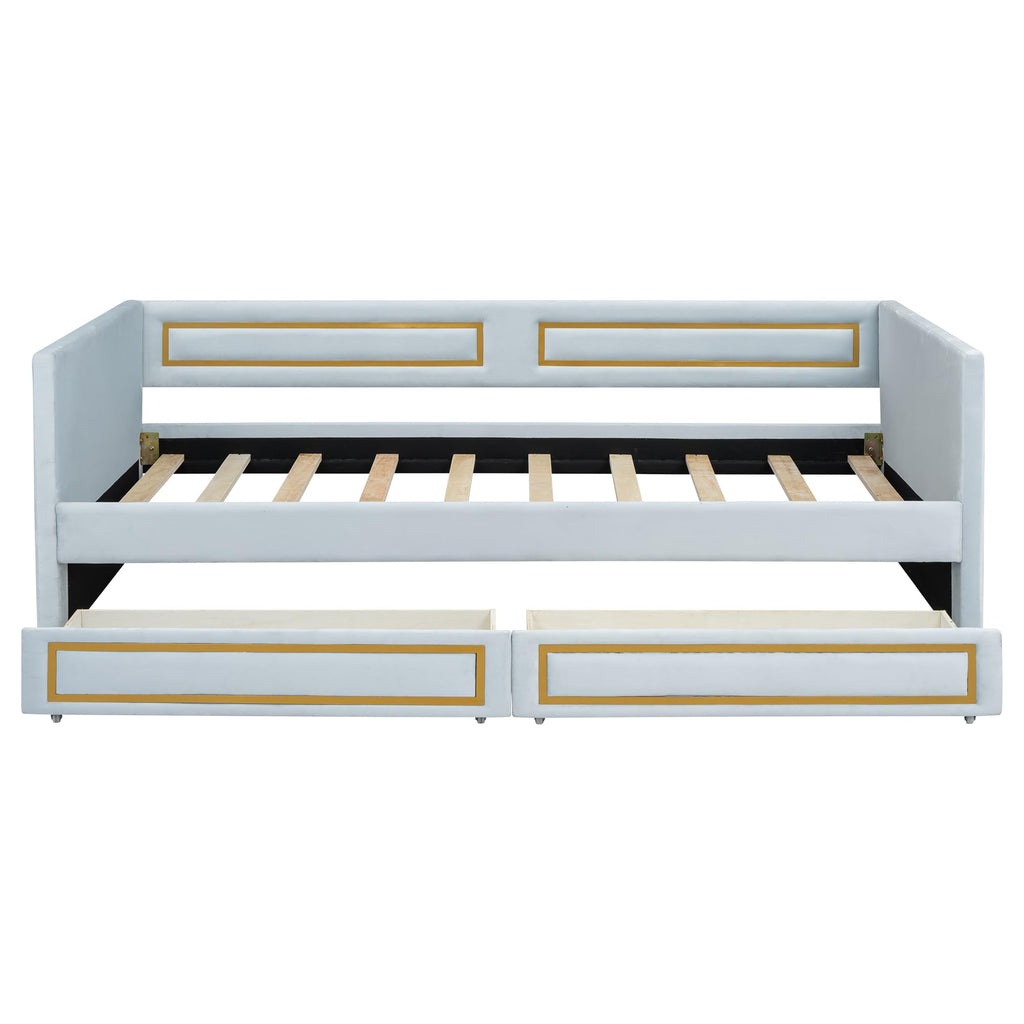 Twin Size Upholstered Daybed with Storage Drawers, Trundle Bed with Metal Border, Backrest & Armrest, Wood Slat Support, Blue
