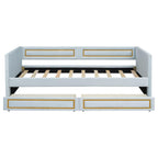 Twin Size Upholstered Daybed with Storage Drawers, Trundle Bed with Metal Border, Backrest & Armrest, Wood Slat Support, Blue