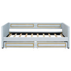 Twin Size Upholstered Daybed with Storage Drawers, Trundle Bed with Metal Border, Backrest & Armrest, Wood Slat Support, Blue