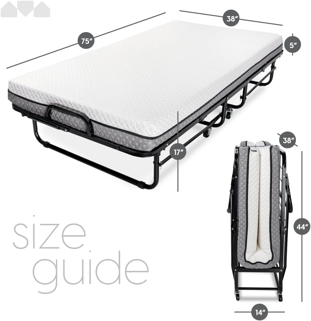 Deluxe Diplomat Folding Bed with Mattress for Adults, Twin Size, Portable Foldable Bed with Luxurious Memory Foam Mattress & Super Strong Frame
