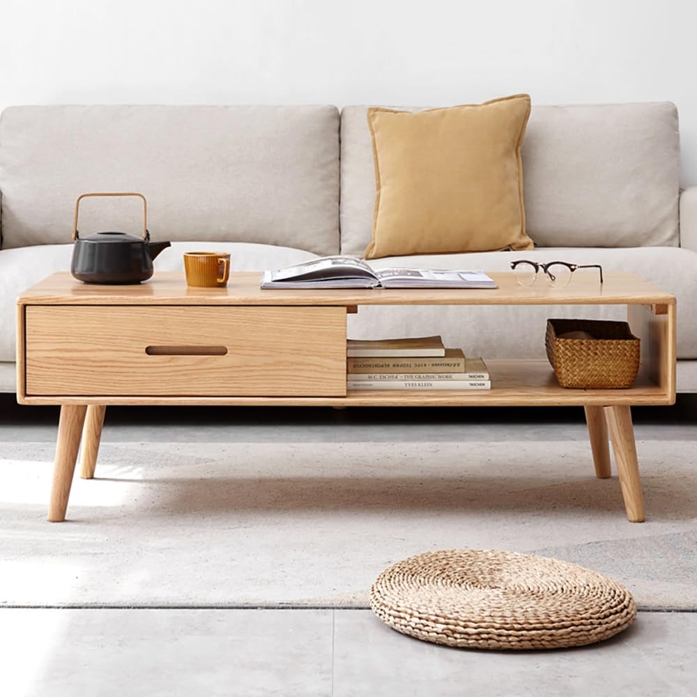 100% Solid Wood Coffee Table, 39.37" Mid-Century Modern Table with Storage Shelf & 2 Drawers, Oak Coffee Table for Living Room
