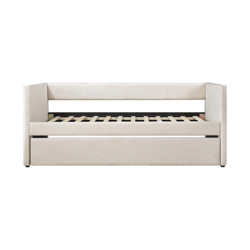 Upholstered Twin Daybed with Trundle, Textured Fabric Sofa Bed with Backrest & Wood Slat Support for Bedroom, Guest Room, Beige