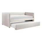 Upholstered Twin Daybed with Trundle, Textured Fabric Sofa Bed with Backrest & Wood Slat Support for Bedroom, Guest Room, Beige