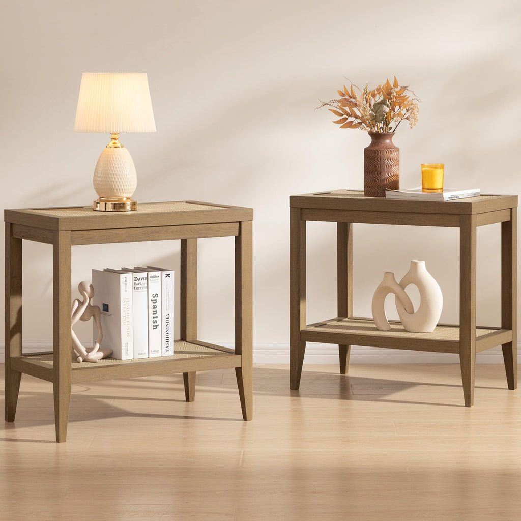 Rattan Nightstands Set of 2 Bedside Table - Boho Narrow End Table Living Room Set of 2 Side Table with Rattan Storage Shelves for Small Space