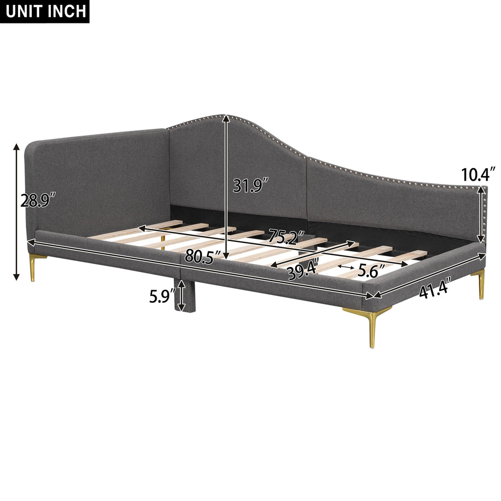 Furnix Craft Twin Size Upholstered Daybed with Headboard and Armrest, Grey Bed Frame with Support Legs