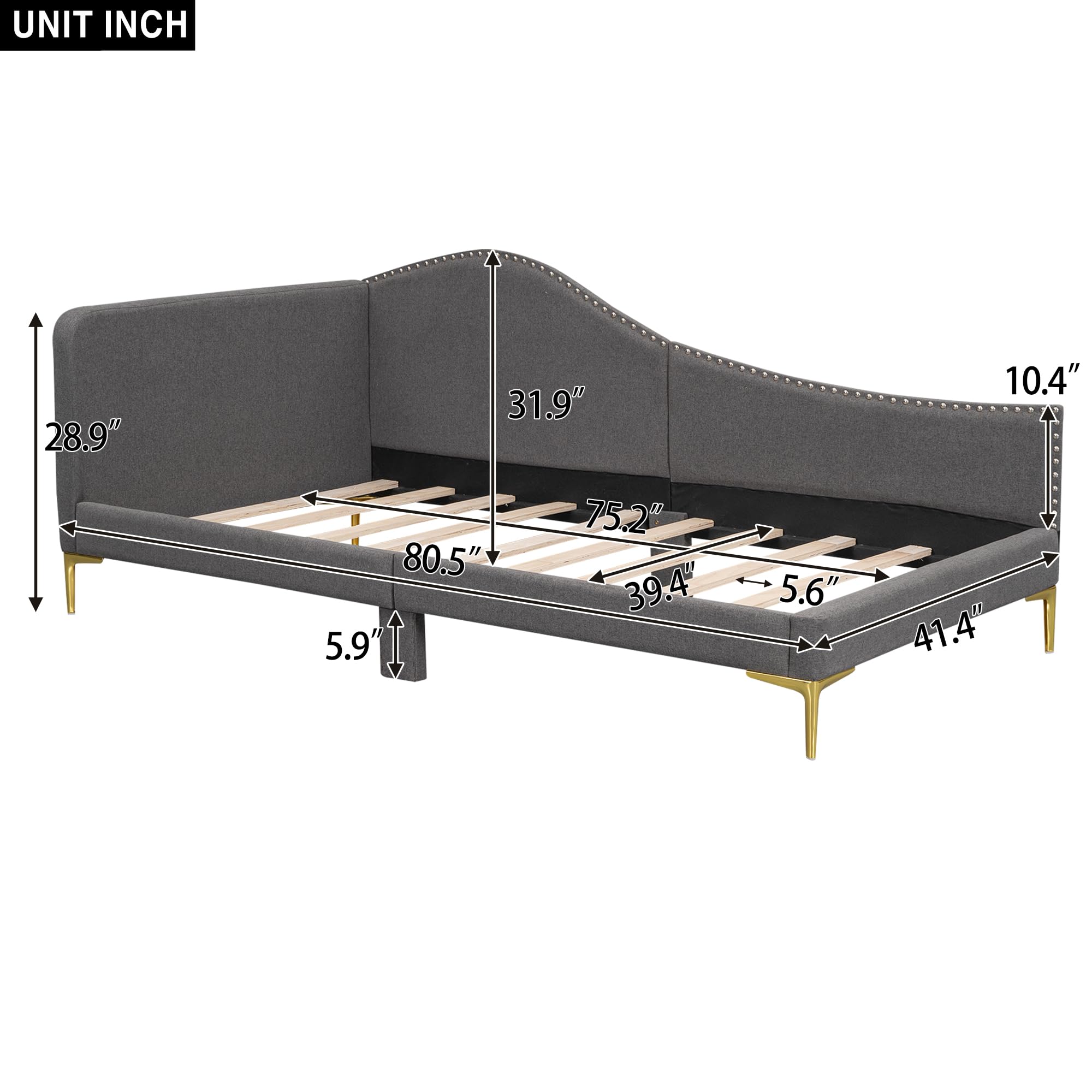 Furnix Craft Twin Size Upholstered Daybed with Headboard and Armrest, Grey Bed Frame with Support Legs