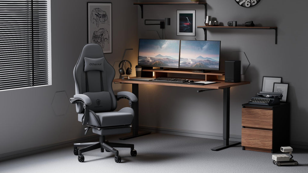 Gaming Chair Fabric with Pocket Spring Cushion, Massage Game Chair Cloth with Headrest, Ergonomic Computer Chair with Footrest 290LBS, Black and Grey