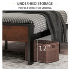 14 Inch Full Size Metal  with Wooden Headboard and Footboard, , , Large Under Bed Storage, Non-Slip Without Noise, Mahogany