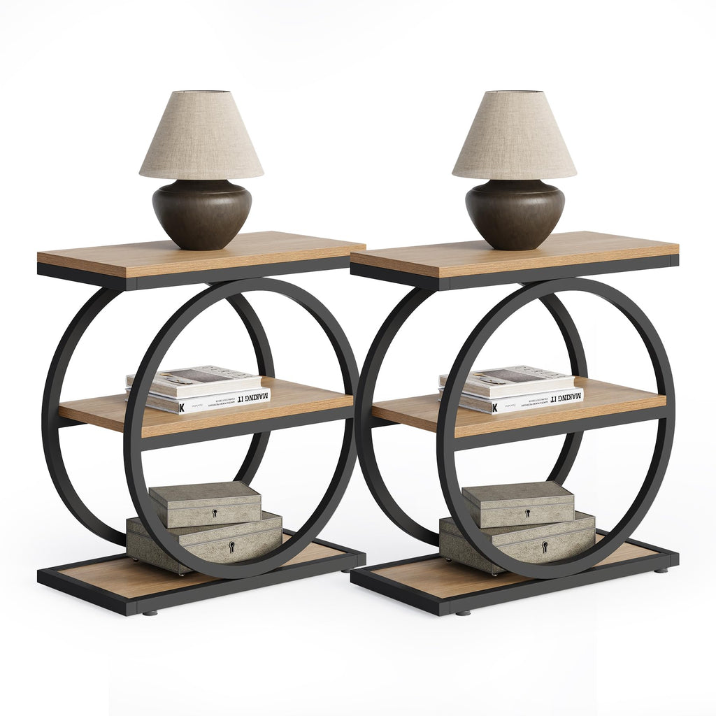 Set of 2 End Tables, 3-Tier Wooden Side Tables with Double Round Metal Legs, Slim Nightstands for Living Room, Bedroom, Oak Finish