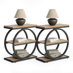 Set of 2 End Tables, 3-Tier Wooden Side Tables with Double Round Metal Legs, Slim Nightstands for Living Room, Bedroom, Oak Finish