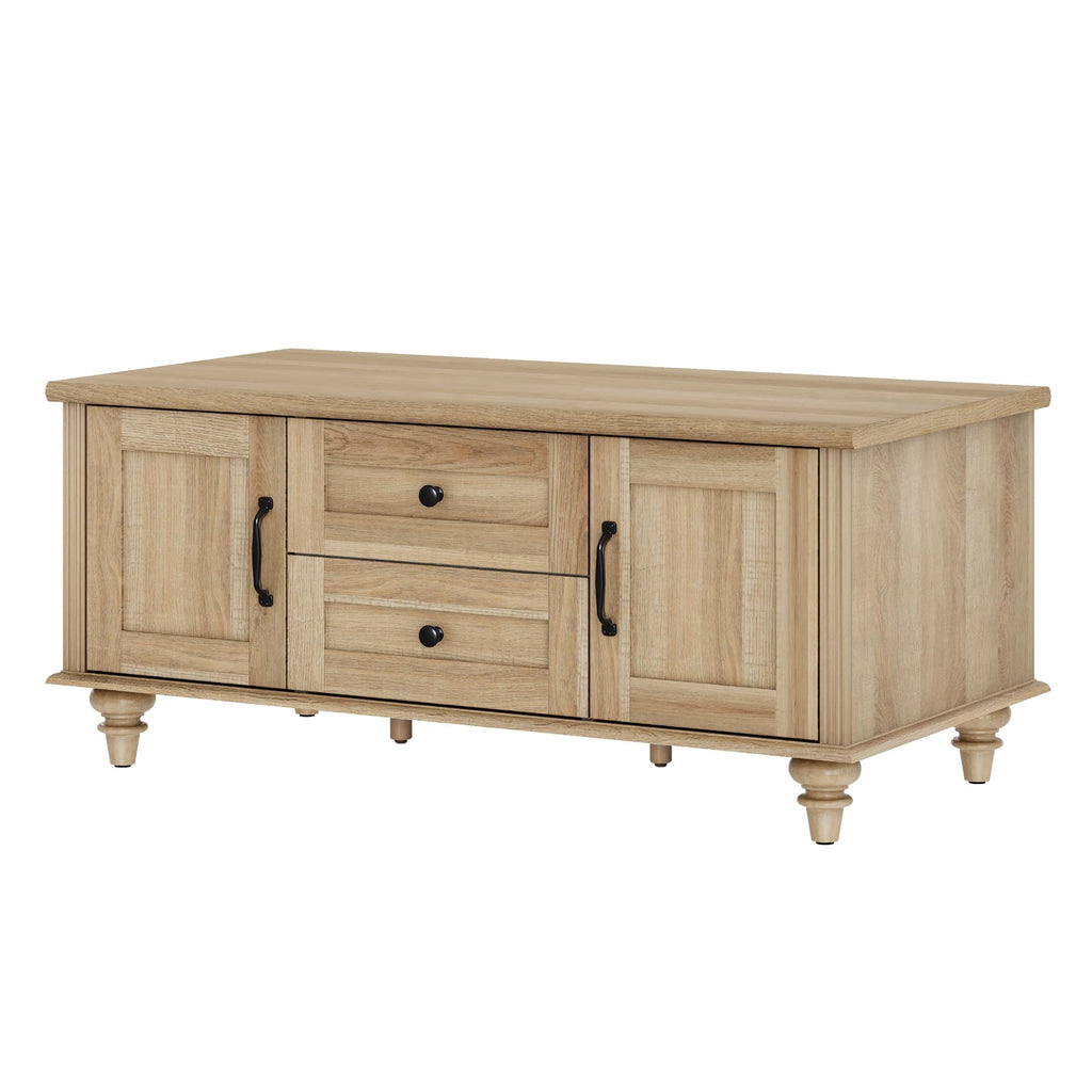 Farmhouse Coffee Table with Storage Cabinet, Wooden Coffee Tables for Living Room, Rustic Tea Table Rectangle Center Table with Drawers for Home, Oak