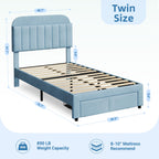 Set of 2 Twin Kids Beds – Blue Upholstered Platform Frames with Storage Drawers & Bookcase Headboards, No Box Spring Needed