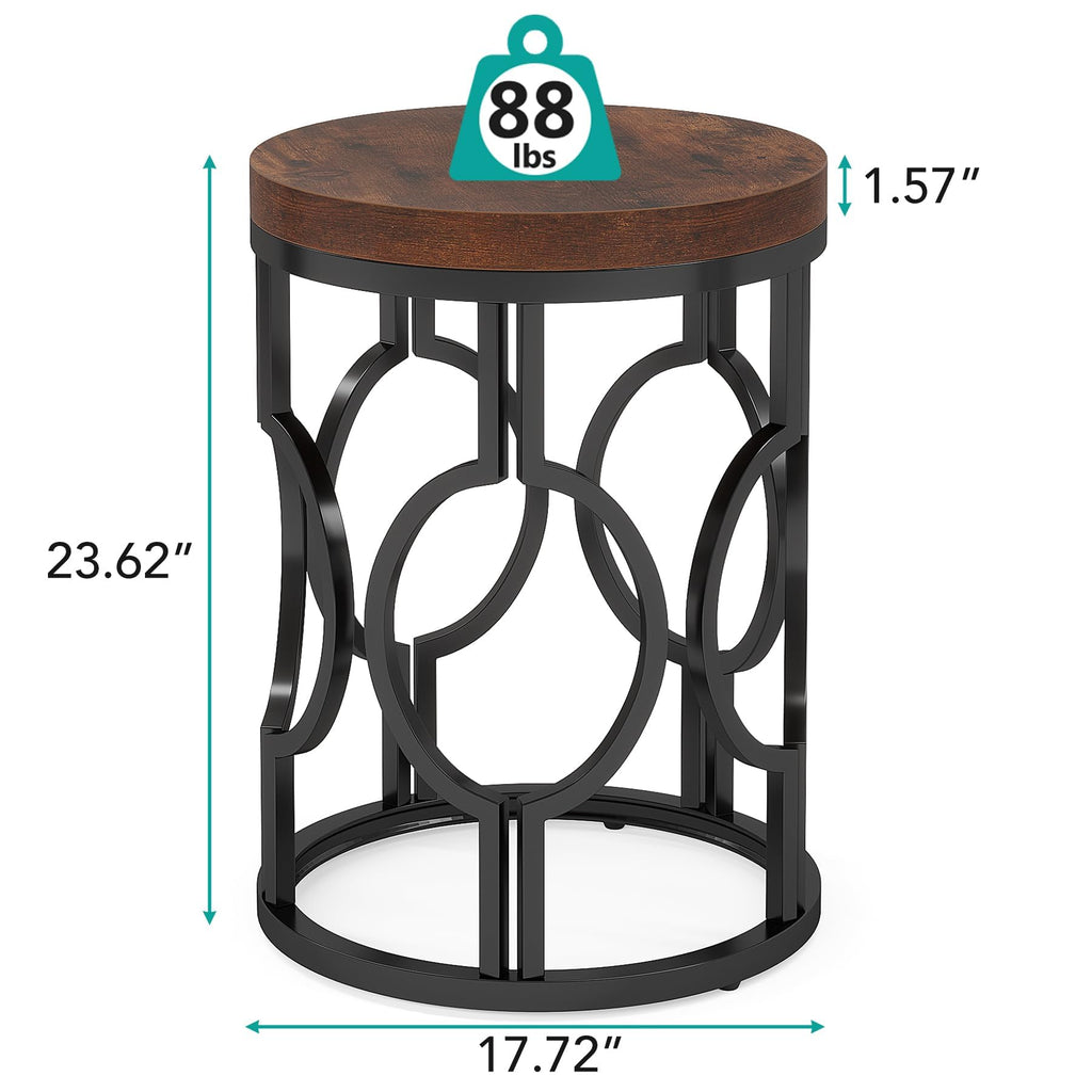 Set of 2 Round End Tables, Industrial Side Tables with Metal Hollow Frame, Small Nightstands for Bedroom or Living Room, Rustic Brown