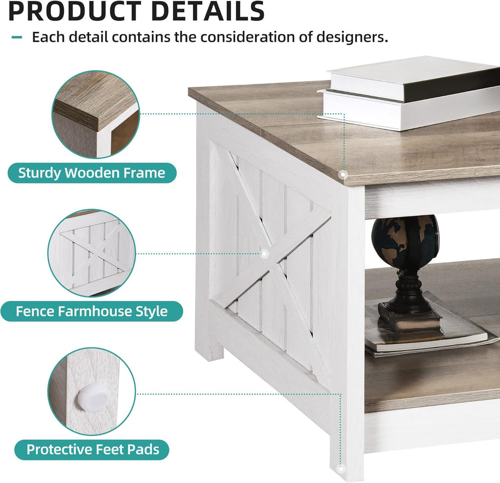 Farmhouse Coffee Table with Storage – Rustic Grey Wood Square Cocktail Table for Living Room, Half Open Compartment Design