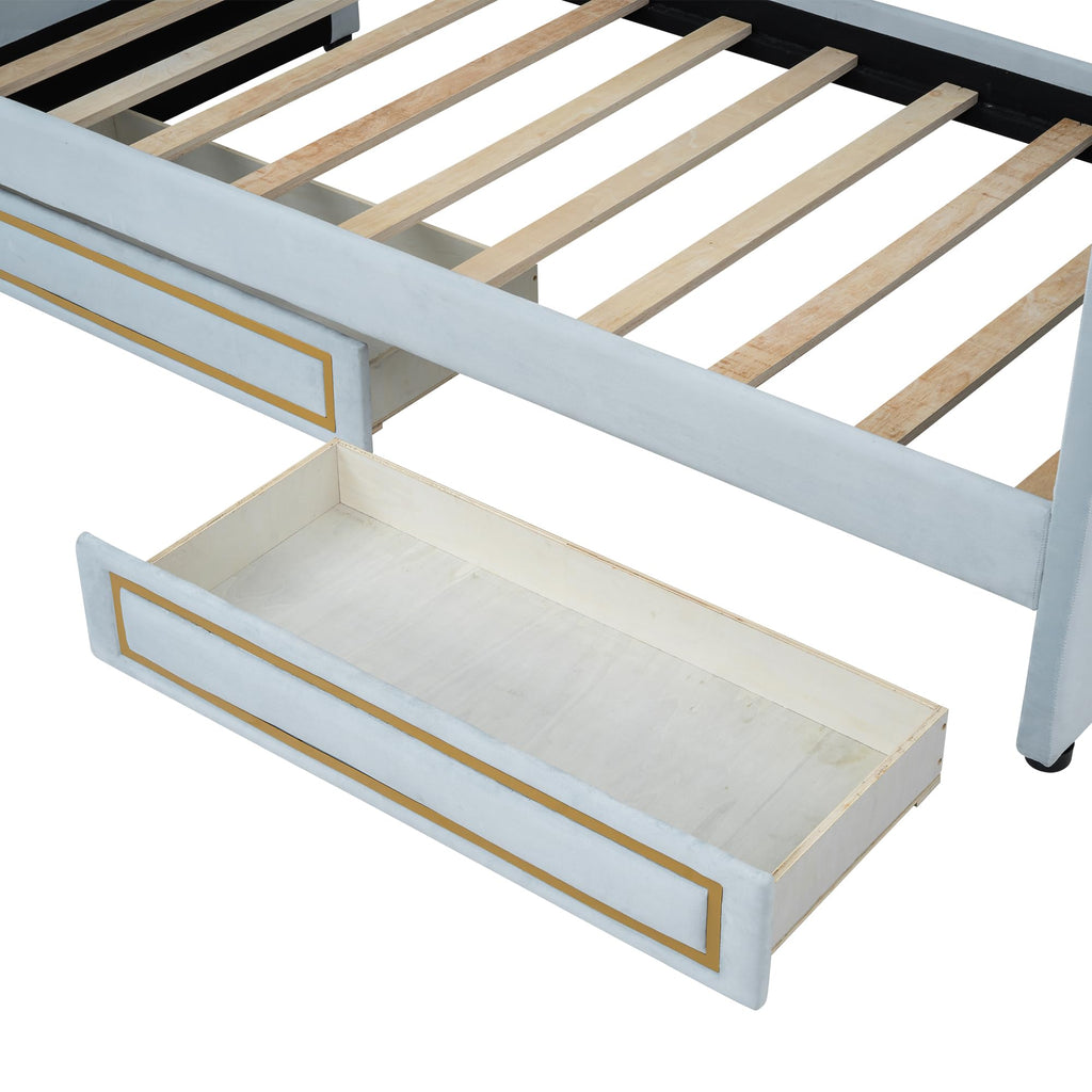 Twin Size Upholstered Daybed with Storage Drawers, Trundle Bed with Metal Border, Backrest & Armrest, Wood Slat Support, Blue