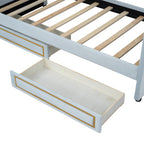Twin Size Upholstered Daybed with Storage Drawers, Trundle Bed with Metal Border, Backrest & Armrest, Wood Slat Support, Blue