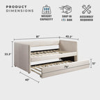 Upholstered Twin Daybed with Trundle, Textured Fabric Sofa Bed with Backrest & Wood Slat Support for Bedroom, Guest Room, Beige