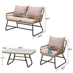 Outdoor Patio Conversation Set 4 Pieces, Wicker Furniture with Cushions & Coffee Table, Rattan Bistro Chairs with Side Table, Beige