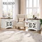 Set of 2 White Farmhouse End Tables, 24" Large Side Tables with Drawer & Charging Station, Square Wooden Nightstands, White & Walnut