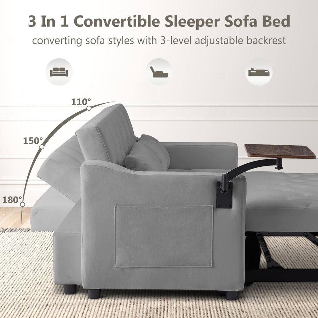 3-in-1 Convertible Loveseat Sleeper Sofa Bed, Pull-Out Couch with 3-Position Backrest & 360° Swivel Side Table, for Small Spaces, Grey