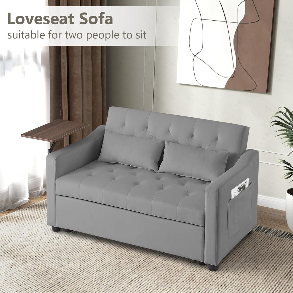3-in-1 Convertible Loveseat Sleeper Sofa Bed, Pull-Out Couch with 3-Position Backrest & 360° Swivel Side Table, for Small Spaces, Grey