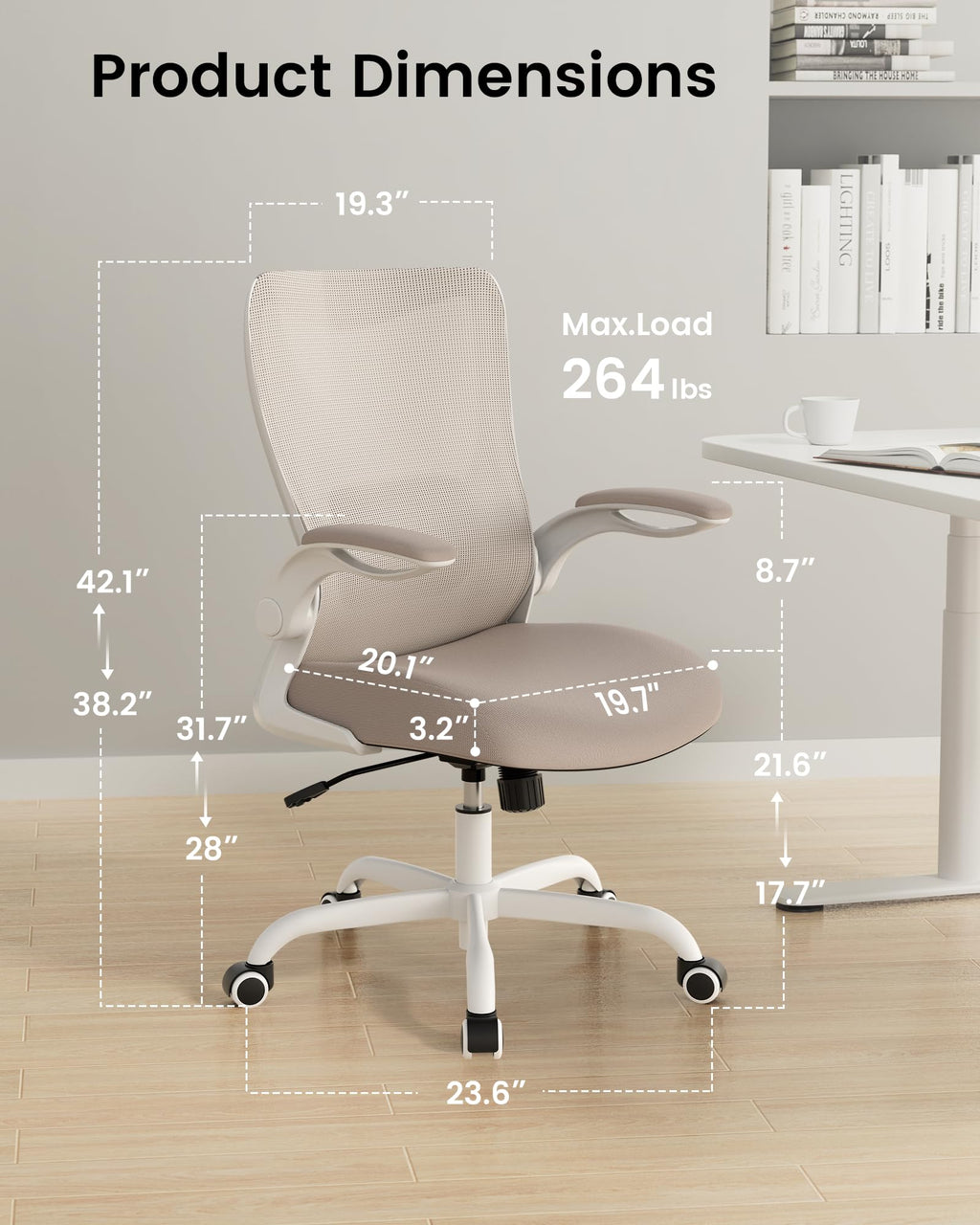 Office Chair, Ergonomic Desk Chair with Adjustable Lumbar Support and Flip up Armrest, Breathable Mesh Computer Chair for Home Office, Khaki