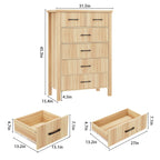 Fluted 6 Drawers Dresser for Bedroom, Tall Boho Chest of Drawers with Metal Handle, Wooden Closet Clothes Storage Organizer for Living Room, Hallway (Natural Oak)