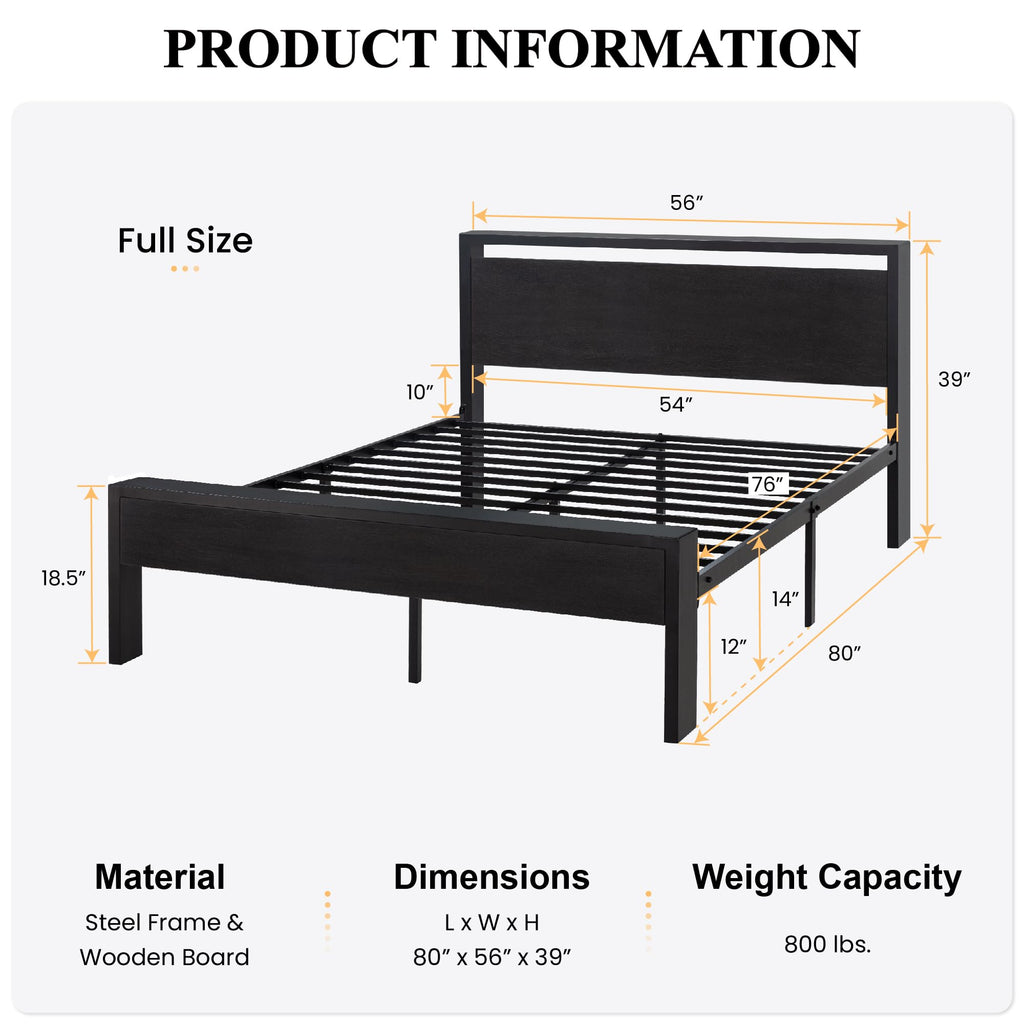 14 Inch Full Size Metal  with Wooden Headboard and Footboard, , , Large Under Bed Storage, Non-Slip Without Noise, Black Oak