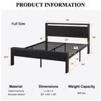 14 Inch Full Size Metal  with Wooden Headboard and Footboard, , , Large Under Bed Storage, Non-Slip Without Noise, Black Oak