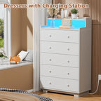 Tall 5-Drawer Dresser for Bedroom, Chest with Charging Station & LED Light, Deep Wood Drawers for Clothes, Closet, Entryway, White