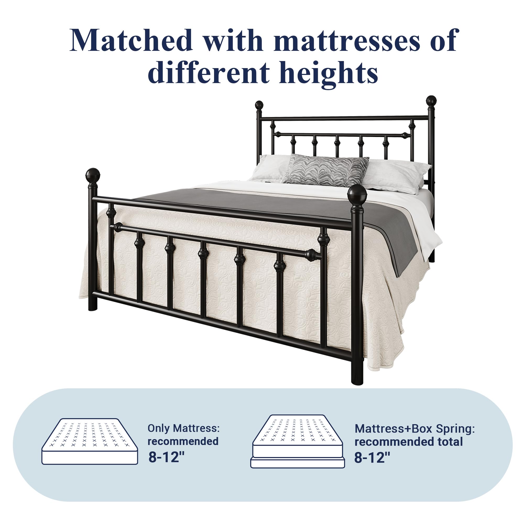 14 Inch Queen Size Metal Platform Bed Frame with Victorian Vintage Headboard and Footboard/Under Bed Storage///Noise Free//Black