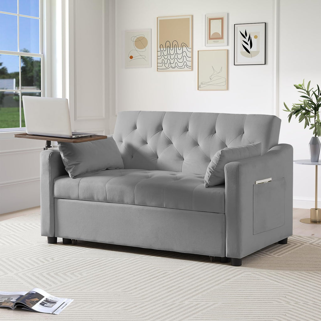 3-in-1 Convertible Loveseat Sleeper Sofa Bed, Pull-Out Couch with 3-Position Backrest & 360° Swivel Side Table, for Small Spaces, Grey