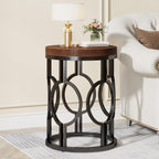 Set of 2 Round End Tables, Industrial Side Tables with Metal Hollow Frame, Small Nightstands for Bedroom or Living Room, Rustic Brown