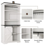 Farmhouse Tall Coffee Bar with Tall Hutch, White Coffee Bar Cabinet with 3 Tier Shelves, 70 Inch Buffet Cabinet with Sliding Barn Door and Adjustable