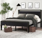 14 Inch Full Size Metal  with Wooden Headboard and Footboard, , , Large Under Bed Storage, Non-Slip Without Noise, Black Oak