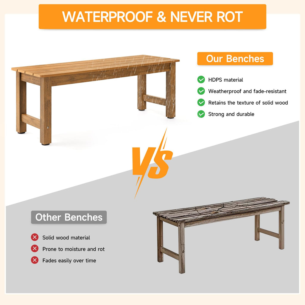 Outdoor 2-Person Bench, All-Weather Poly Lumber Patio Seat, Fade & Rot Resistant, Easy Assembly for Garden, Porch, Backyard, Teak
