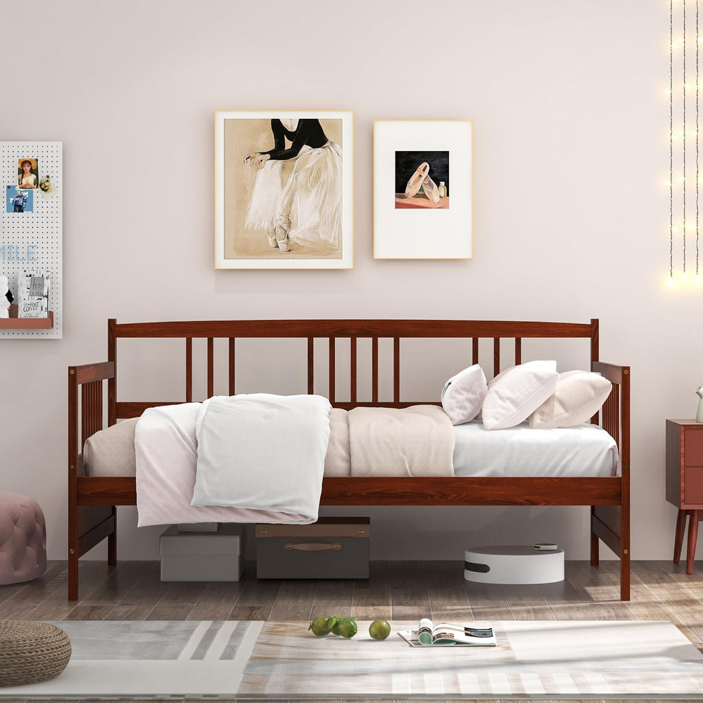 Twin Daybed Frame, Wooden Sofa Bed with Rails & Slat Support, Dual-Use Platform Bed for Bedroom or Living Room, No Box Spring Needed, Cherry