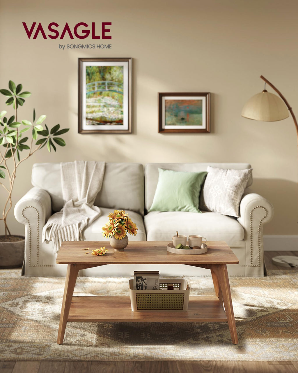 Tier Coffee Table with Storage, Rounded Corners, Easy Assembly, 21.7"x39.4", Center Table for Living Room, Honey Brown