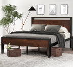 14 Inch Full Size Metal  with Wooden Headboard and Footboard, , , Large Under Bed Storage, Non-Slip Without Noise, Mahogany