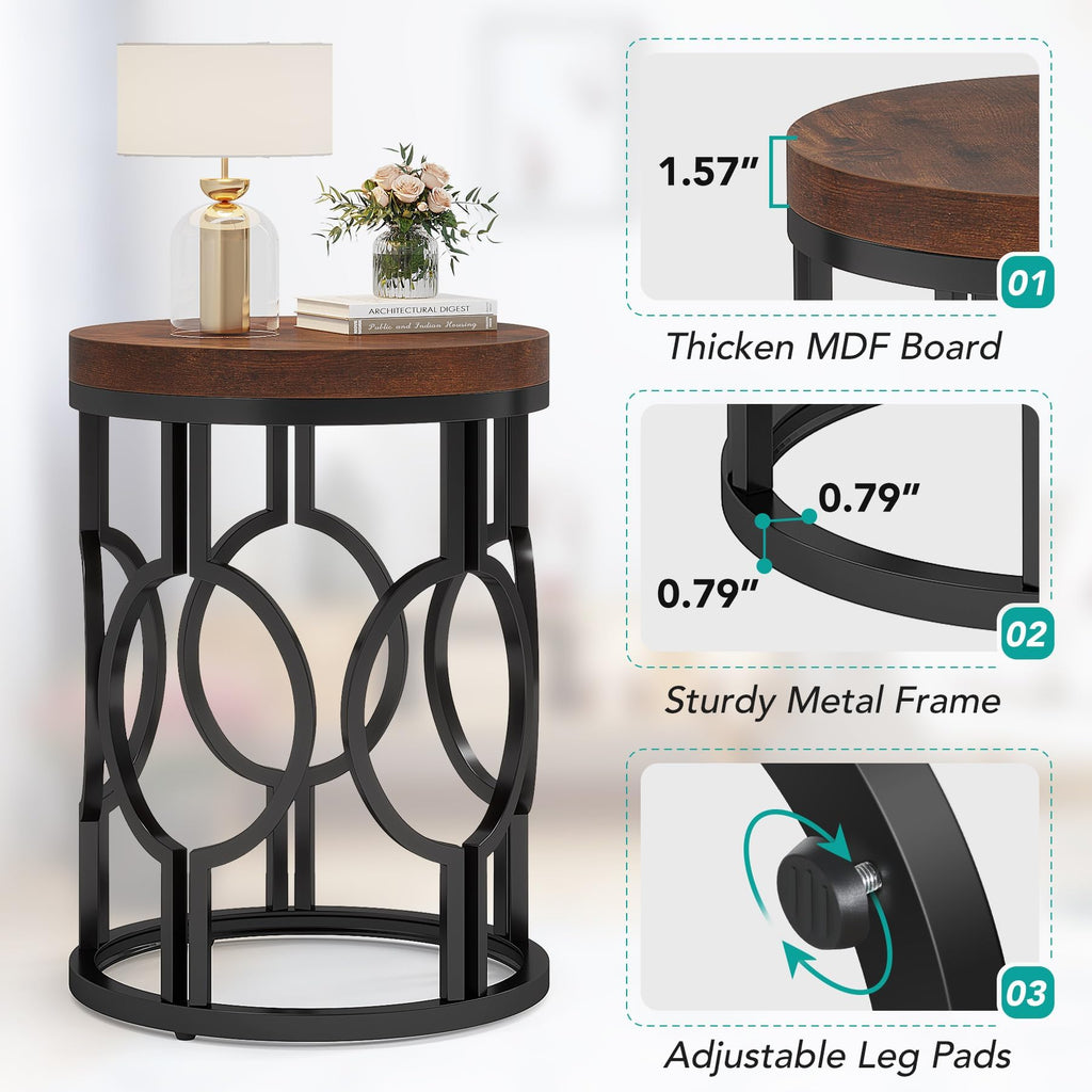 Set of 2 Round End Tables, Industrial Side Tables with Metal Hollow Frame, Small Nightstands for Bedroom or Living Room, Rustic Brown